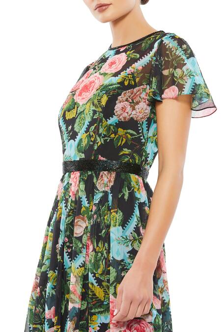 Mac Duggal_Black Polyester Sequins Round Neck Floral Embellished Midi Dress _Online_at_Aza_Fashions