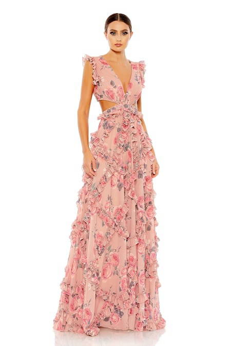 Mac Duggal Floral Print Cut-Out Ruffle Gown 