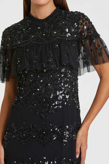 Mac Duggal_Black Polyester Sequins Collared Floral Midi Dress _Online_at_Aza_Fashions