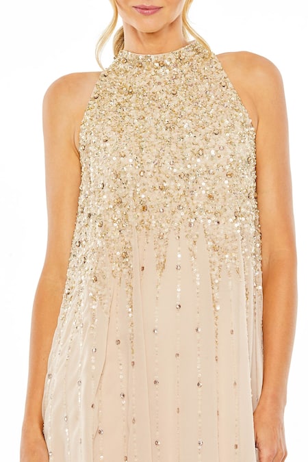 Mac Duggal_Beige Polyester Sequins, Beads High Neck Jewel Embellished Dress _Online_at_Aza_Fashions