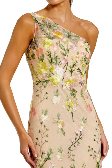 Mac Duggal_Multi Color Polyester Lace, Embroidery One Shoulder Floral Gown _Online_at_Aza_Fashions