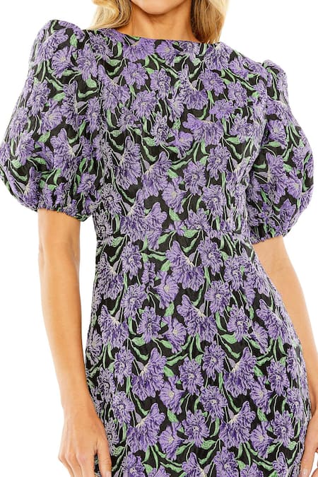 Mac Duggal_Purple Polyester Embroidery Round Neck Floral Print Mini Dress _Online_at_Aza_Fashions