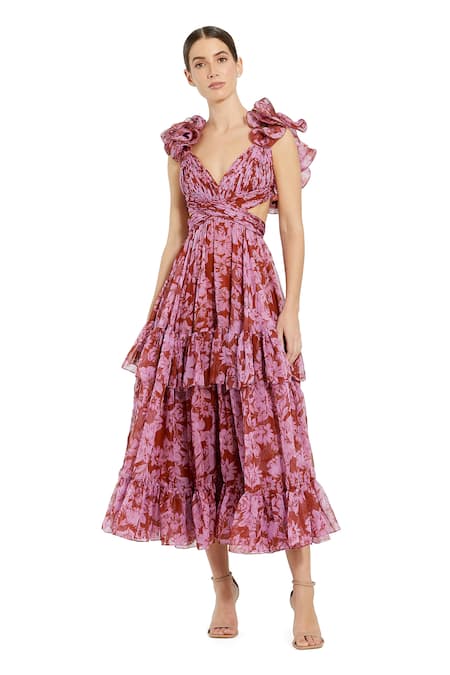 Mac Duggal Floral Print Cut-Out Tiered Dress 