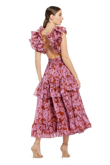Mac Duggal Red Floral Print Cut-Out Tiered Dress