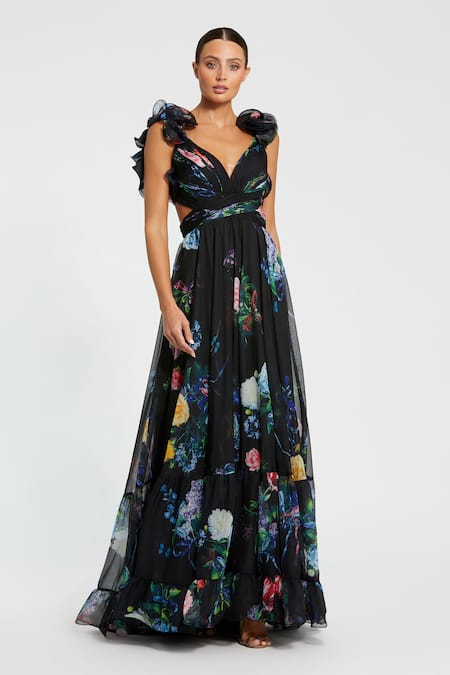 Mac Duggal Floral Print Cut-Out Tiered Gown 