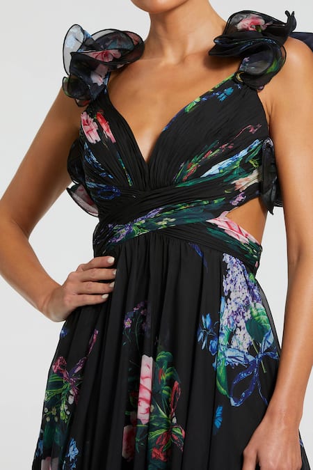 Mac Duggal_Black Polyester V-neck Multi Color Floral Cut-out Gown _Online_at_Aza_Fashions