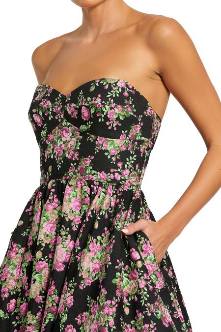 Mac Duggal_Black Polyester Sweetheart Neck Multicolor Floral Print A-line Gown _Online_at_Aza_Fashions