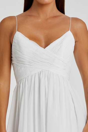 Mac Duggal_White Polyester V-neck Pleated Yoke A-line Midi Dress _Online_at_Aza_Fashions