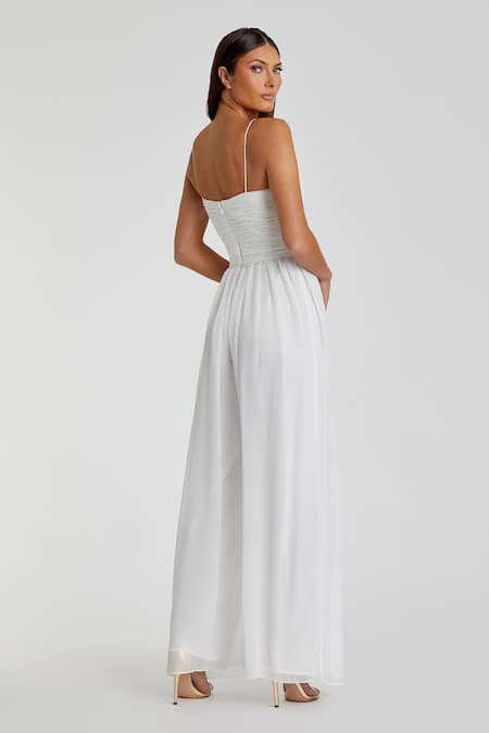 Mac Duggal White Solid Pleated Yoke Jumpsuit 