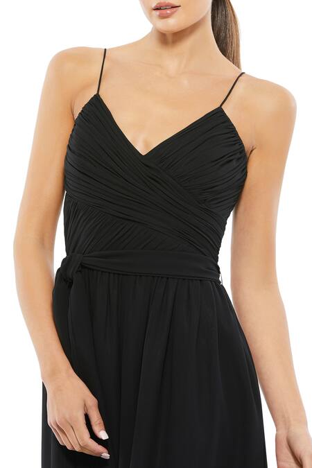 Mac Duggal_Black Polyester V-neck Pleated Yoke Jumpsuit _Online_at_Aza_Fashions