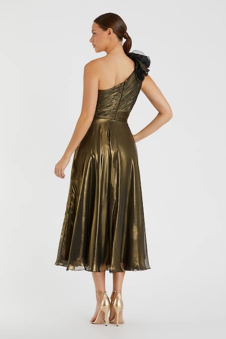 Mac Duggal Antique Gold One Shoulder Midi Dress 