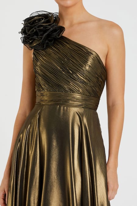 Mac Duggal_Gold Polyester One Shoulder Antique Midi Dress _Online_at_Aza_Fashions