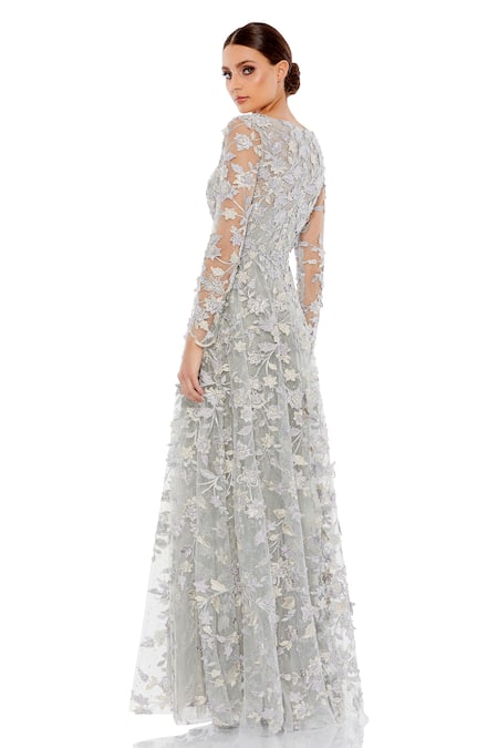 Shop Mac Duggal Silver Polyester Applique, Rhinestones V-neck Gown at Aza Fashions Shop_Mac Duggal_Silver Polyester Applique, Rhinestones V-neck Gown _at_Aza_Fashions