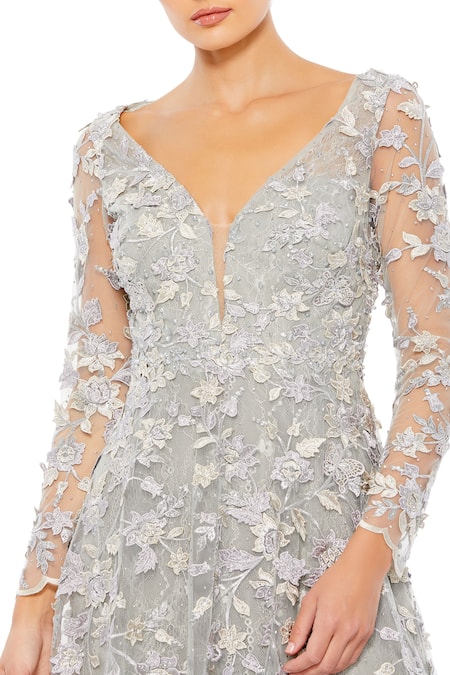 Mac Duggal Silver Polyester Applique, Rhinestones V-neck Gown Online at Aza Fashions Mac Duggal_Silver Polyester Applique, Rhinestones V-neck Gown _Online_at_Aza_Fashions
