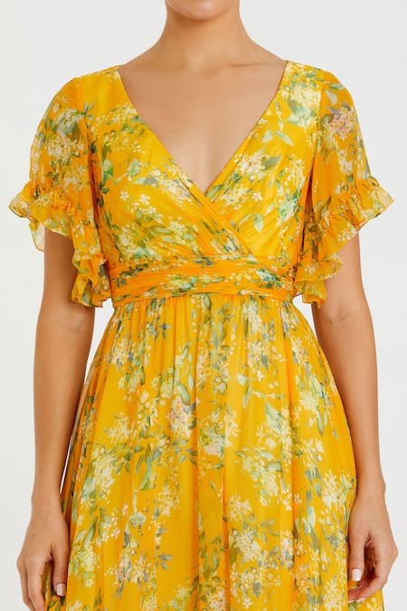 Mac Duggal_Yellow Polyester V-neck Floral Printed Maxi Dress _Online_at_Aza_Fashions