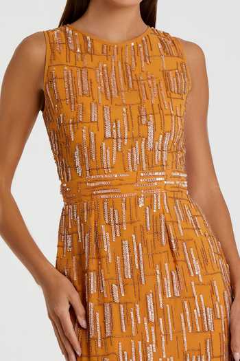 Mac Duggal_Orange Polyester Crystals, Sequins Round Neck Embellished Midi Dress_Online_at_Aza_Fashions
