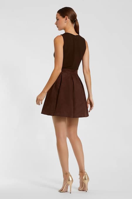 Shop Mac Duggal Brown Polyester Round Neck Solid Pleated Mini Dress at Aza Fashions Shop_Mac Duggal_Brown Polyester Round Neck Solid Pleated Mini Dress _at_Aza_Fashions