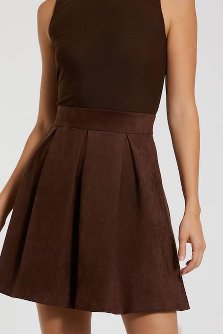 Mac Duggal Brown Polyester Round Neck Solid Pleated Mini Dress Online at Aza Fashions Mac Duggal_Brown Polyester Round Neck Solid Pleated Mini Dress _Online_at_Aza_Fashions