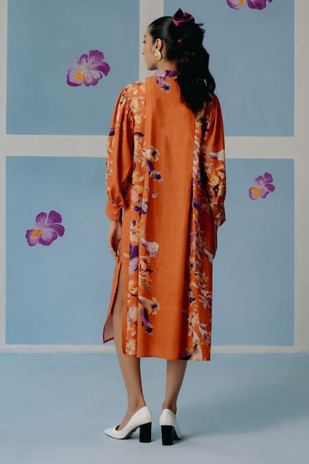 Uri By Mrunalini Rao Rust Orange Floral Print Midi Dress 