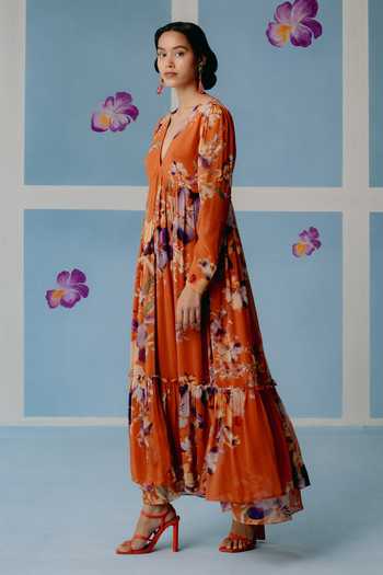 Uri By Mrunalini Rao_Orange Georgette Embroidery V-neck Floral Print Maxi Dress_Online_at_Aza_Fashions