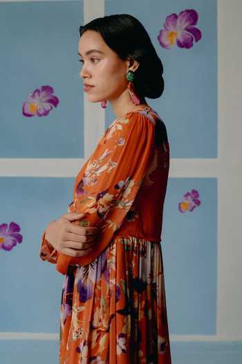 Buy_Uri By Mrunalini Rao_Orange Georgette Embroidery V-neck Floral Print Maxi Dress_Online_at_Aza_Fashions