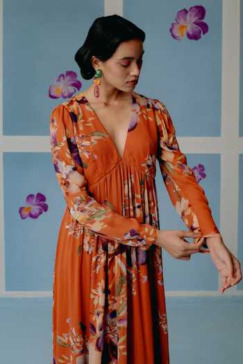 Shop_Uri By Mrunalini Rao_Orange Georgette Embroidery V-neck Floral Print Maxi Dress_Online_at_Aza_Fashions