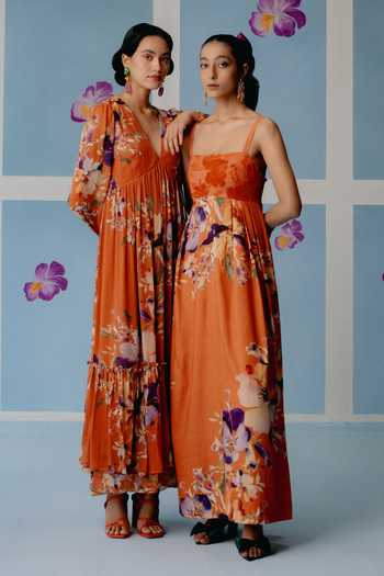 Uri By Mrunalini Rao_Orange Georgette Embroidery V-neck Floral Print Maxi Dress_at_Aza_Fashions