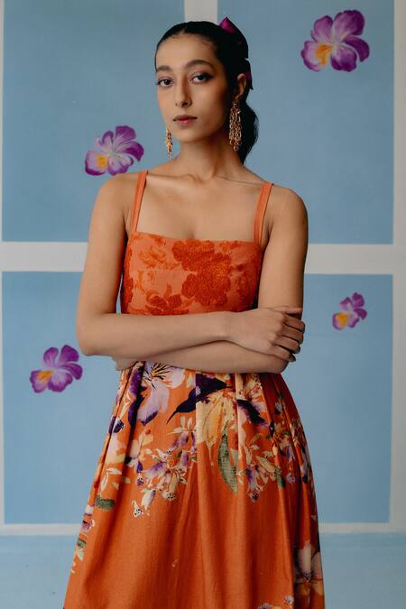 Uri By Mrunalini Rao_Orange Cotton Embroidery Square Neck Floral Thread Maxi Dress _Online_at_Aza_Fashions