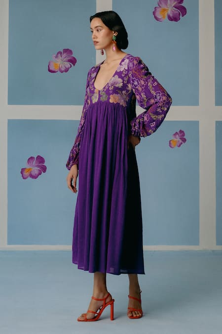 Uri By Mrunalini Rao_Purple Cotton Applique, Beads Scoop Neck Floral Embroidered Midi Dress _Online_at_Aza_Fashions