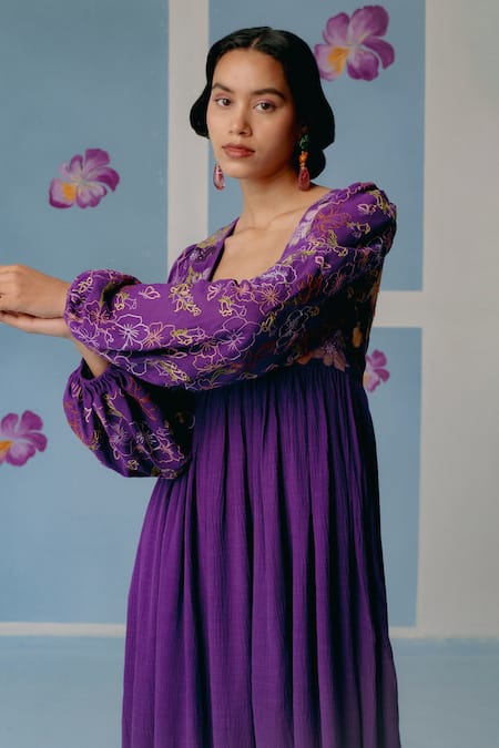 Buy_Uri By Mrunalini Rao_Purple Cotton Applique, Beads Scoop Neck Floral Embroidered Midi Dress _Online_at_Aza_Fashions