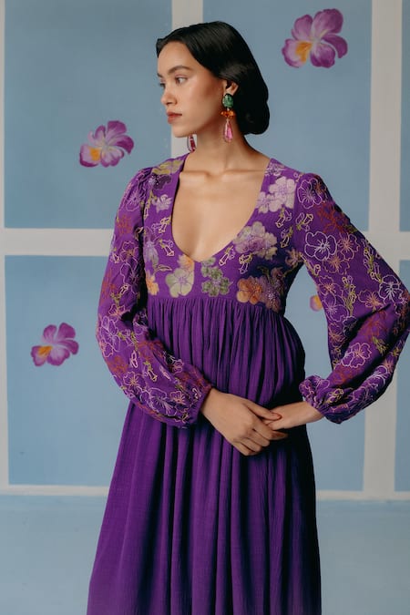 Shop_Uri By Mrunalini Rao_Purple Cotton Applique, Beads Scoop Neck Floral Embroidered Midi Dress _Online_at_Aza_Fashions