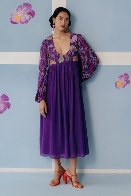 Uri By Mrunalini Rao_Purple Cotton Applique, Beads Scoop Neck Floral Embroidered Midi Dress _at_Aza_Fashions