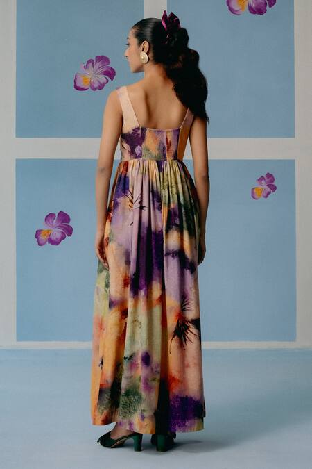 Shop Uri By Mrunalini Rao Multi Color Cotton Embroidery, Beads Scoop Neck Floral Maxi Dress at Aza Fashions Shop_Uri By Mrunalini Rao_Multi Color Cotton Embroidery, Beads Scoop Neck Floral Maxi Dress_at_Aza_Fashions