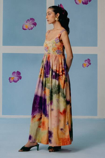 Uri By Mrunalini Rao Multi Color Cotton Embroidery, Beads Scoop Neck Floral Maxi Dress Online at Aza Fashions Uri By Mrunalini Rao_Multi Color Cotton Embroidery, Beads Scoop Neck Floral Maxi Dress_Online_at_Aza_Fashions