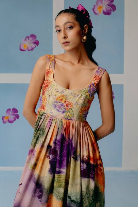 Buy Uri By Mrunalini Rao Multi Color Cotton Embroidery, Beads Scoop Neck Floral Maxi Dress Online at Aza Fashions Buy_Uri By Mrunalini Rao_Multi Color Cotton Embroidery, Beads Scoop Neck Floral Maxi Dress_Online_at_Aza_Fashions