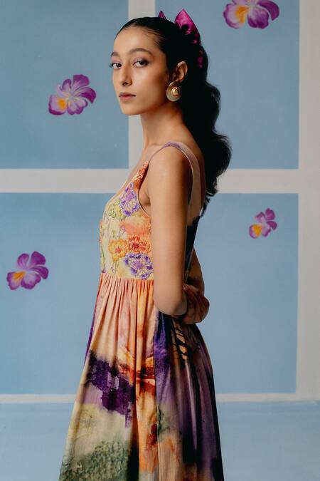 Shop Uri By Mrunalini Rao Multi Color Cotton Embroidery, Beads Scoop Neck Floral Maxi Dress Online at Aza Fashions Shop_Uri By Mrunalini Rao_Multi Color Cotton Embroidery, Beads Scoop Neck Floral Maxi Dress_Online_at_Aza_Fashions