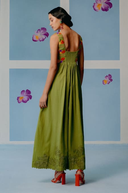 Uri By Mrunalini Rao Olive Green Floral Applique Maxi Dress 