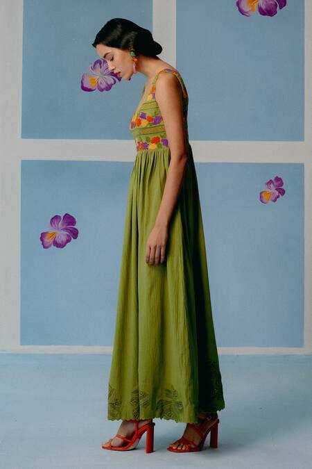Uri By Mrunalini Rao_Green Cotton Embroidery, Lace Scoop Neck Olive Floral Applique Maxi Dress _Online_at_Aza_Fashions