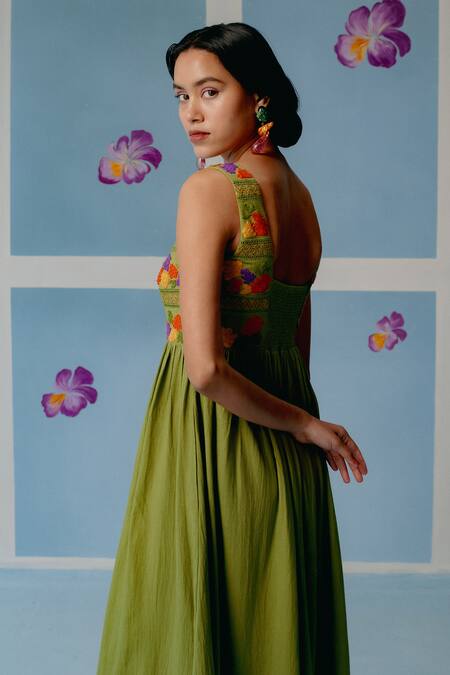 Buy_Uri By Mrunalini Rao_Green Cotton Embroidery, Lace Scoop Neck Olive Floral Applique Maxi Dress _Online_at_Aza_Fashions