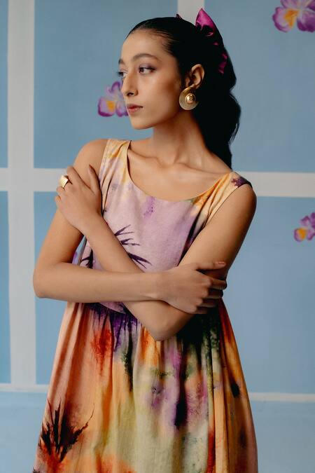 Uri By Mrunalini Rao_Multi Color Cotton Round Neck Abstract Print Midi Dress _Online_at_Aza_Fashions
