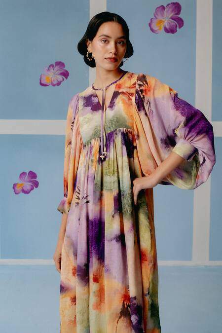 Uri By Mrunalini Rao_Multi Color Cotton Tassels Open Neck Abstract Print Midi Dress _Online_at_Aza_Fashions