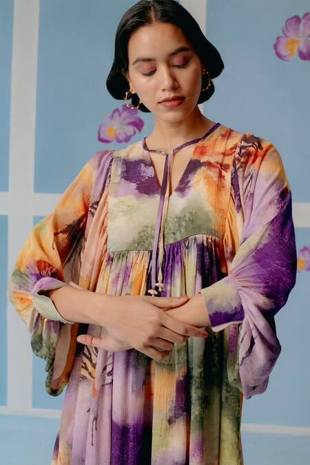 Buy_Uri By Mrunalini Rao_Multi Color Cotton Tassels Open Neck Abstract Print Midi Dress _Online_at_Aza_Fashions