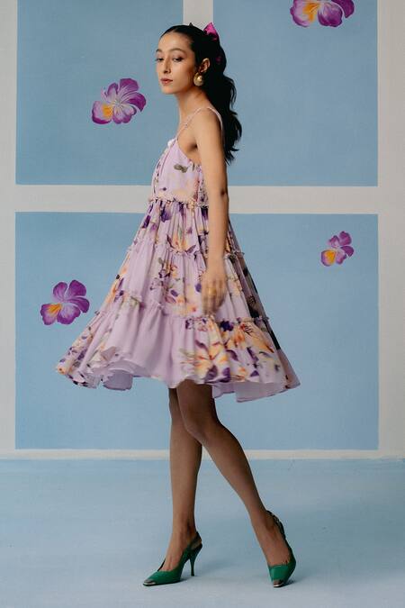 Uri By Mrunalini Rao_Purple Georgette Tassels Scoop Neck Lilac Floral Print Tiered Dress _Online_at_Aza_Fashions