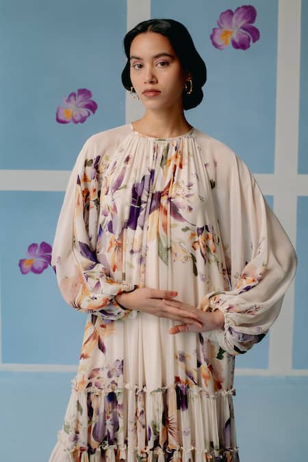 Uri By Mrunalini Rao_Off White Cotton Round Neck Floral Print Tiered Maxi Dress _Online_at_Aza_Fashions