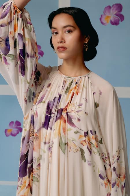 Buy_Uri By Mrunalini Rao_Off White Cotton Round Neck Floral Print Tiered Maxi Dress _Online_at_Aza_Fashions