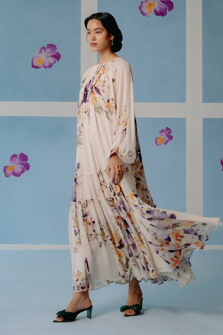 Shop_Uri By Mrunalini Rao_Off White Cotton Round Neck Floral Print Tiered Maxi Dress _Online_at_Aza_Fashions