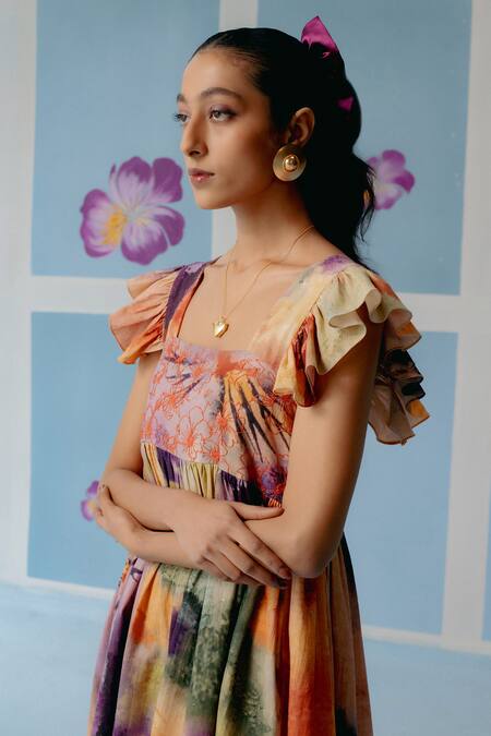 Buy_Uri By Mrunalini Rao_Multi Color Cotton Embroidery Square Neck Ruffle Sleeve Dress _Online_at_Aza_Fashions