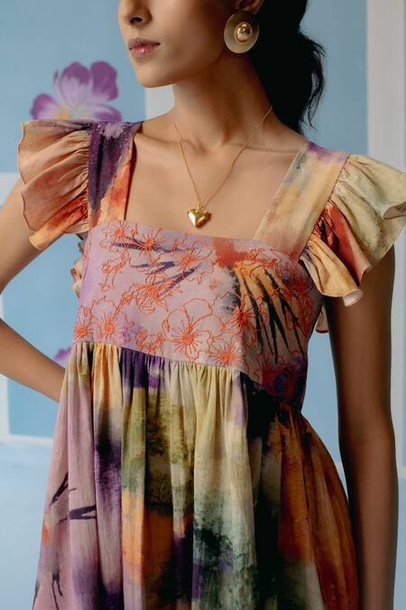 Shop_Uri By Mrunalini Rao_Multi Color Cotton Embroidery Square Neck Ruffle Sleeve Dress _Online_at_Aza_Fashions