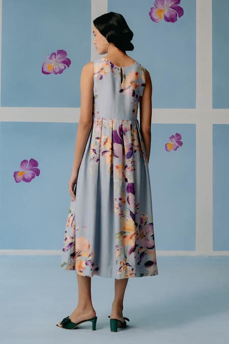 Uri By Mrunalini Rao Floral Embroidered Box Pleated Midi Dress 