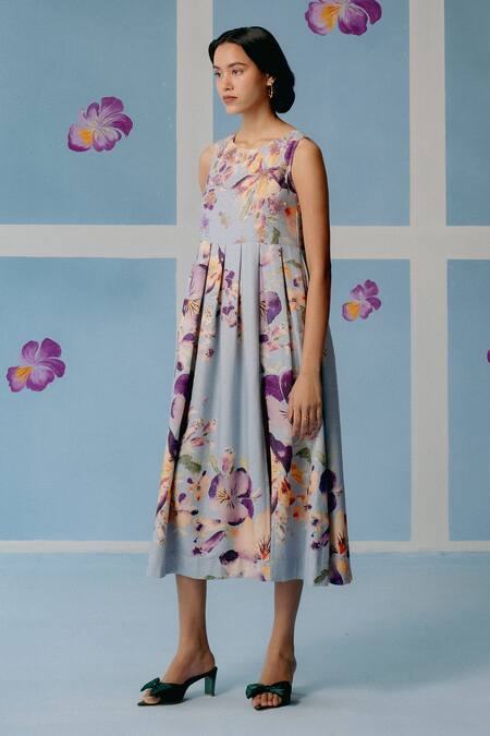 Uri By Mrunalini Rao_Blue Cotton Beads, Pearls Round Neck Floral Embroidered Box Pleated Midi Dress _Online_at_Aza_Fashions